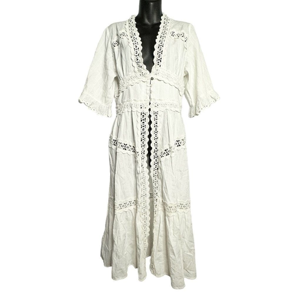 Rahi white crochet trim button open front kimono duster size M New Vacation boho
